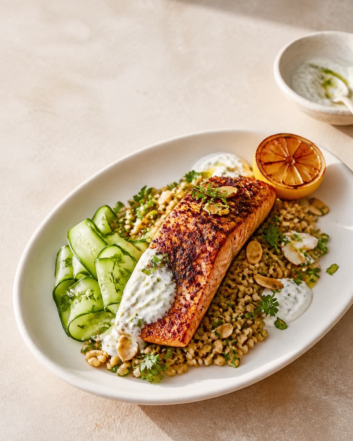 Sumac-roasted salmon with freekeh